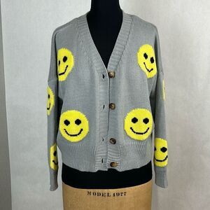 Smiley Face Cardigan Sweater Sz Small Gray Yellow Short Waist Length Button Fron